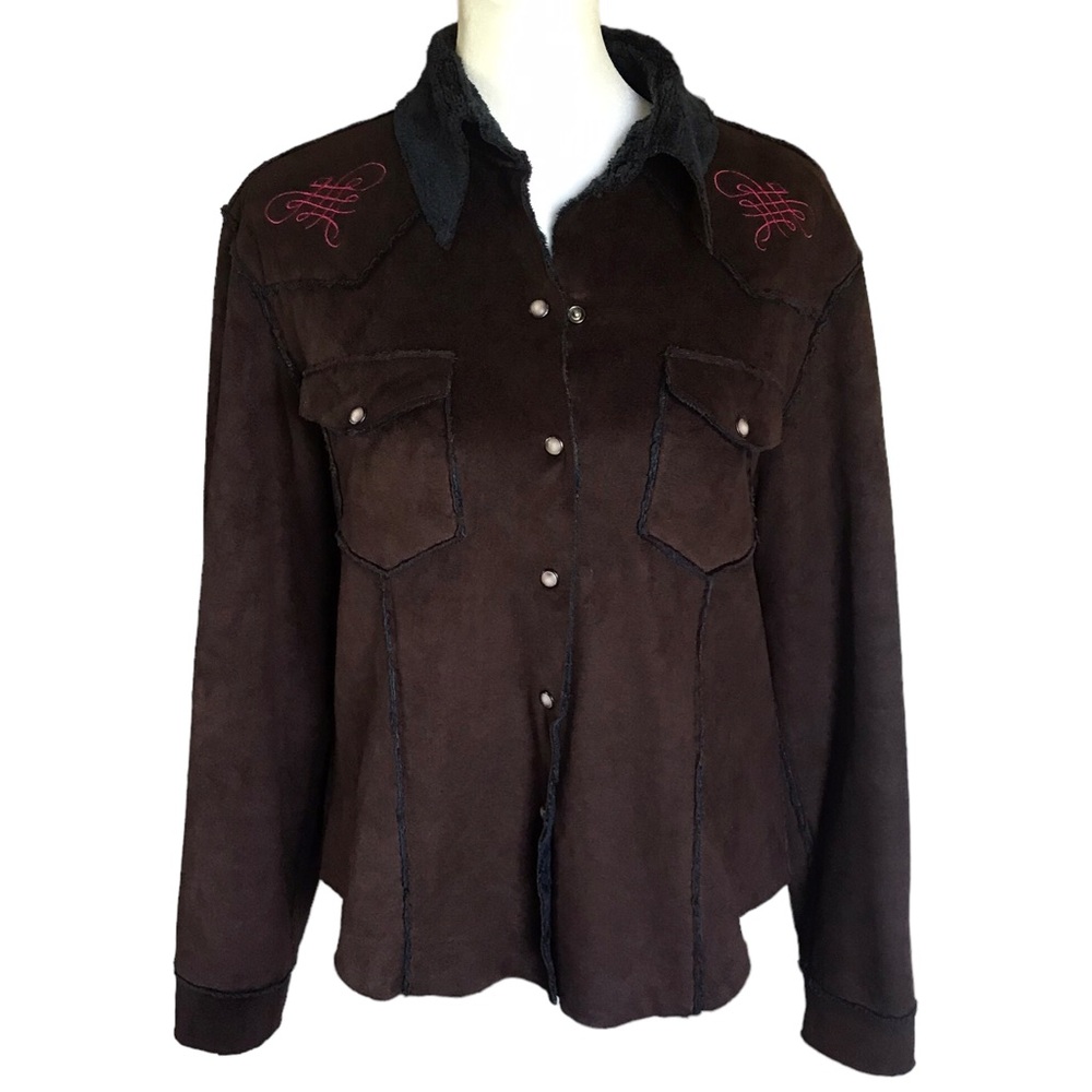 Tasha Polizzi Med Brown And Pink Faux Suede Pearl Snap Western Shearling Jacket